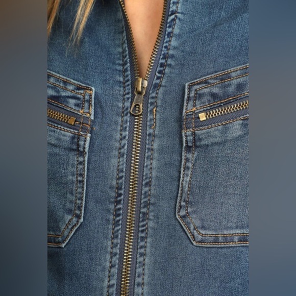 Free People Lennox medium wash‎ blue denim jeans utility Jumpsuit size large new - Picture 6 of 7